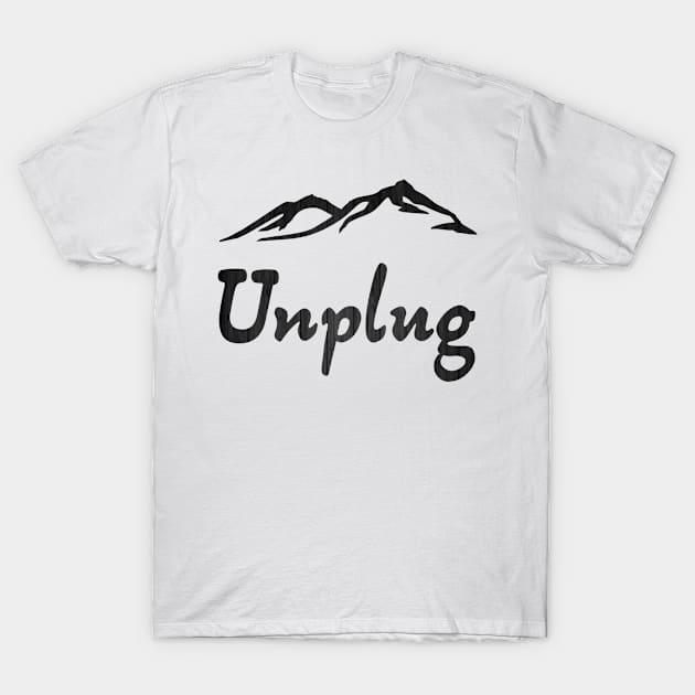 Unplug Minimalist Mountain Range Design With Wood Texture T-Shirt by Musa Wander